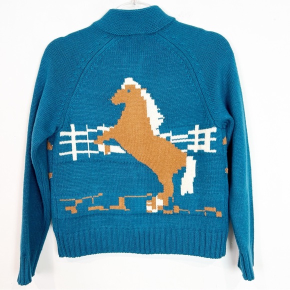 TINY ANTHROPOLOGIE TURQUOISE BLUE FULL ZIP HORSE THEME CARDIGAN SWEATER SZ XS - Picture 5 of 8